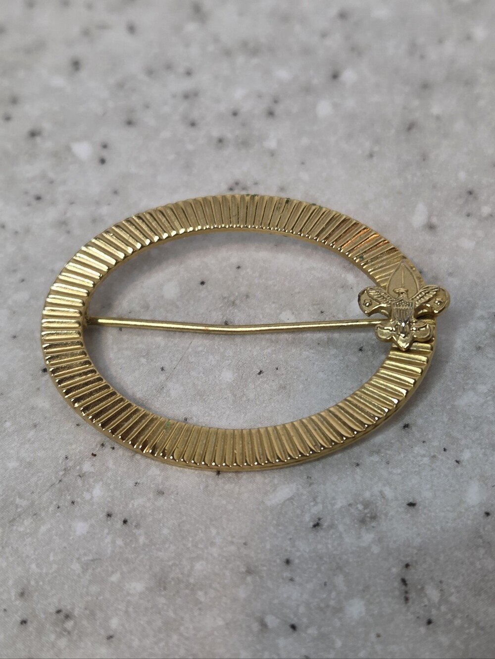 Vintage Gold Tone Oval Scarf Neckerchief Pin Fleur de Lis Scout Style 1.5"